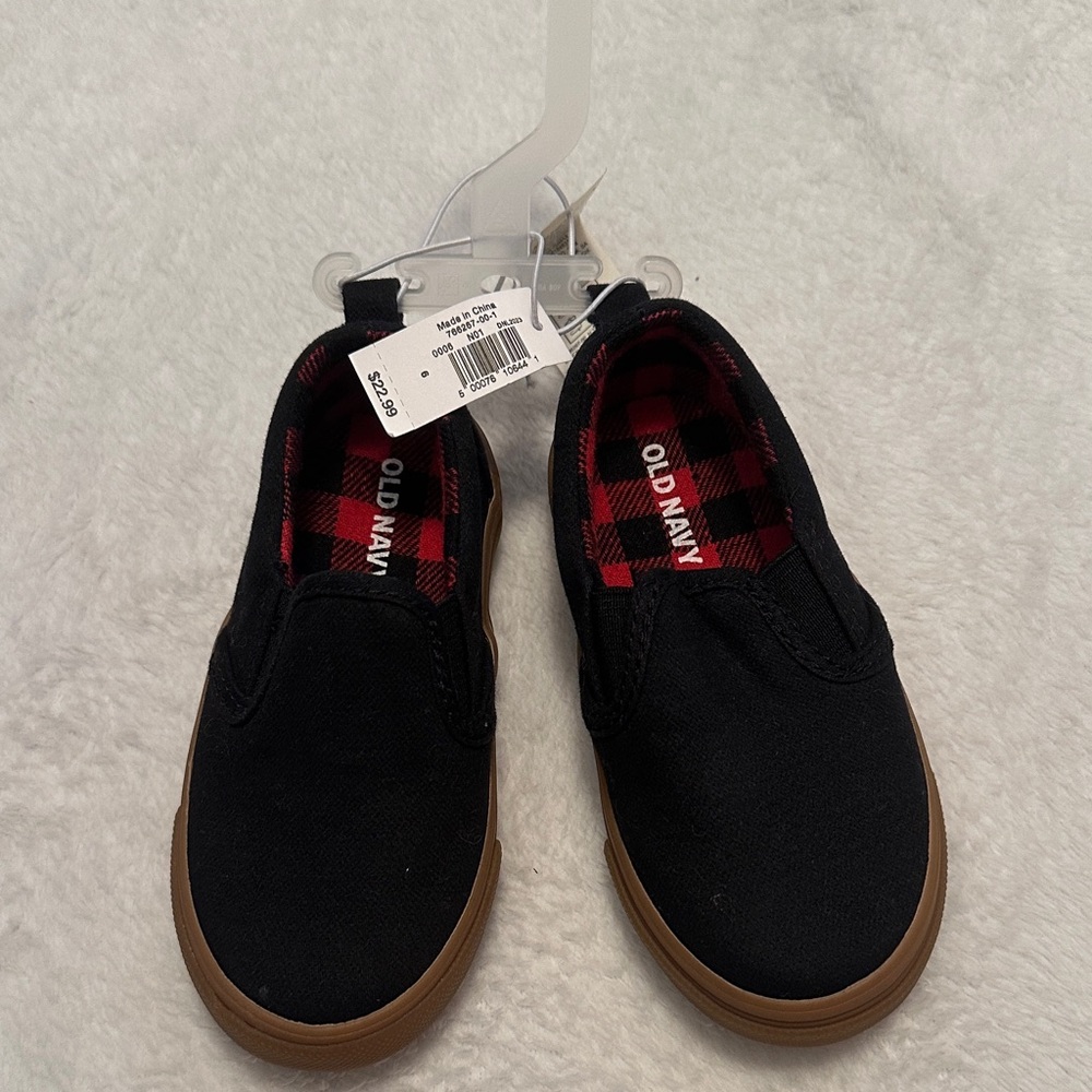 Old Navy Kids Black and Red Plaid Slip-On Sneakers